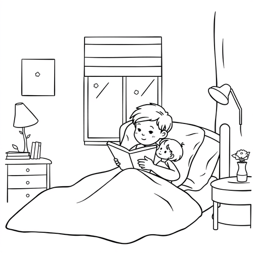 Black and white coloring page of mom reading a bedtime story to child in bed