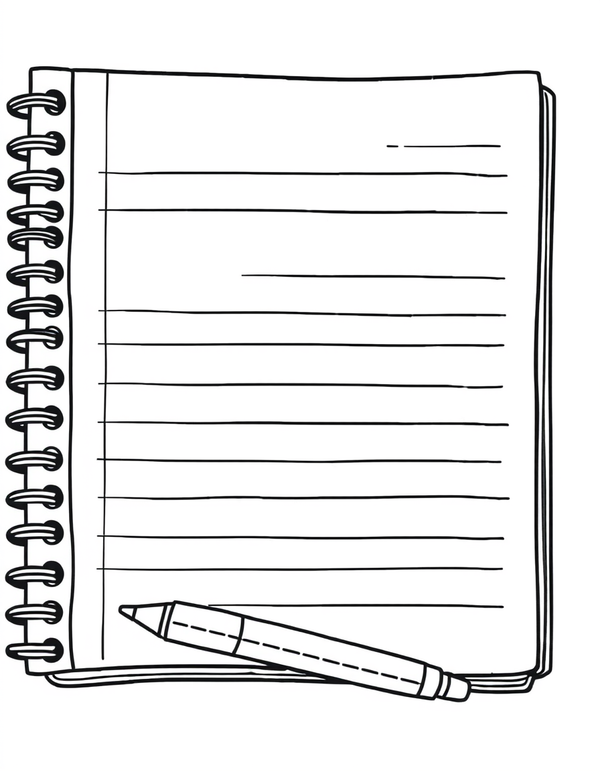Black and white coloring page of New Year resolution list with pen and notebook