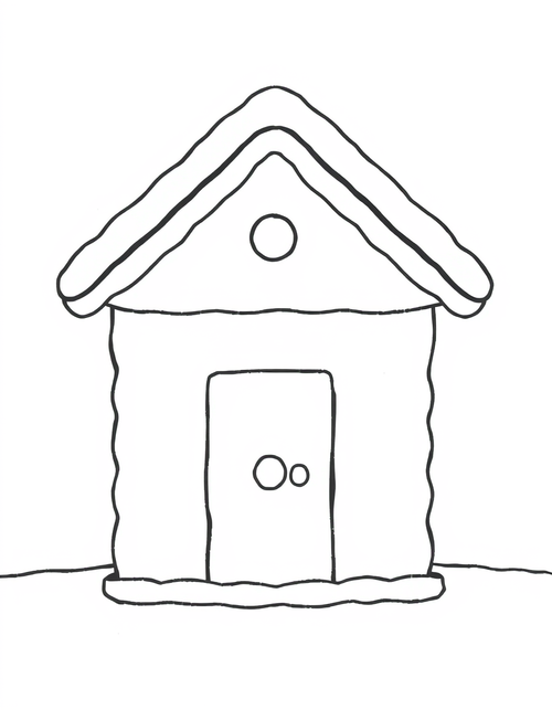 plain gingerbread house outline with no candy, undecorated template, black and white line art