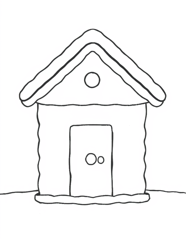 plain gingerbread house outline with no candy, undecorated template, black and white line art