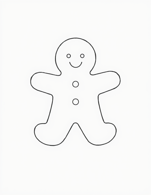 simple gingerbread man outline traced from a cookie cutter with two buttons, black and white line art