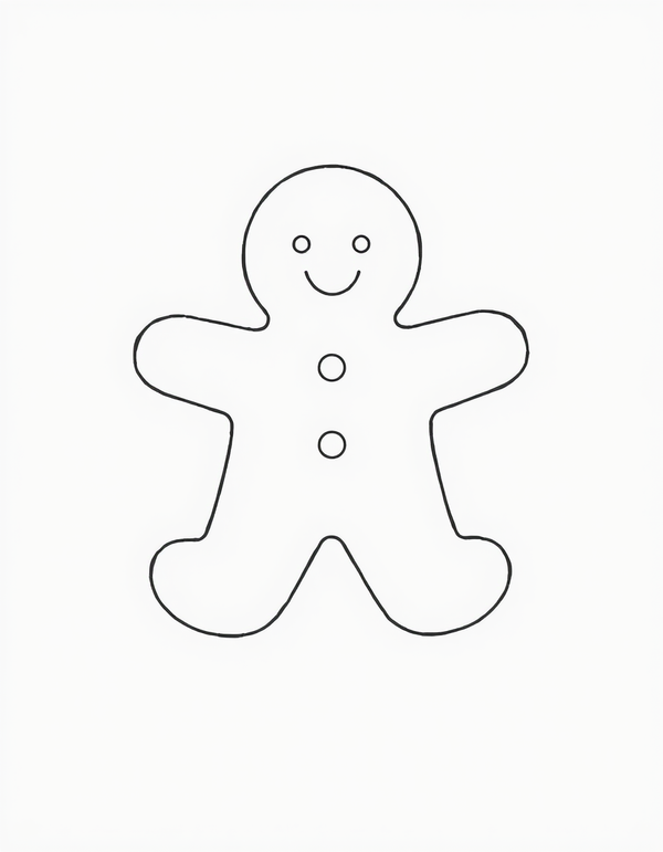 simple gingerbread man outline traced from a cookie cutter with two buttons, black and white line art