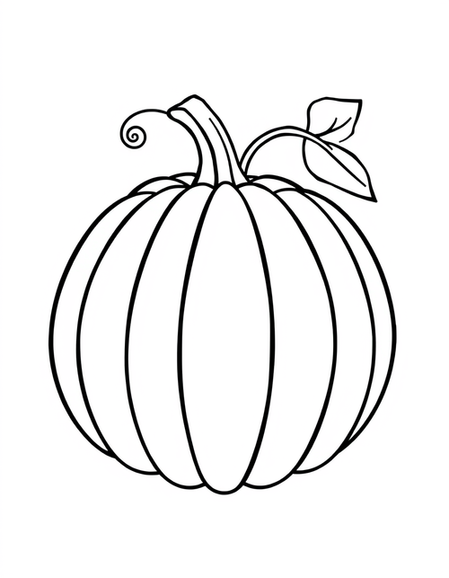 Coloring page of one big round pumpkin with a thick stem, a curling vine and a single open leaf