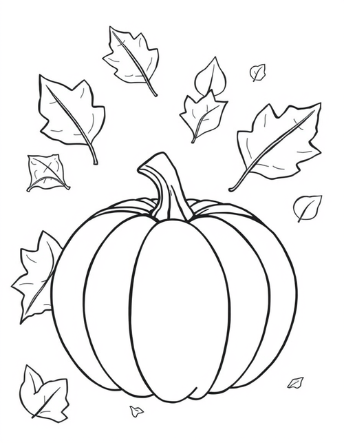 Coloring page of a round pumpkin with large open autumn leaf shapes falling around it