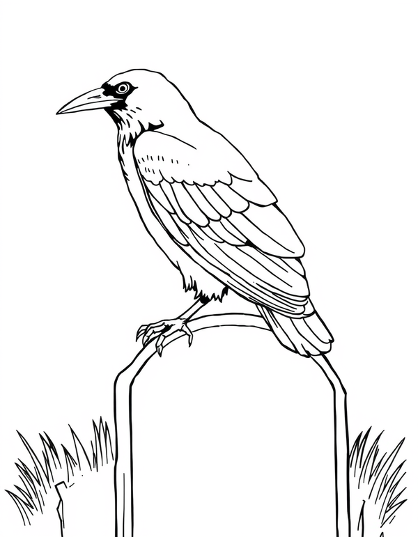Raven Perched on a Gravestone black and white line art