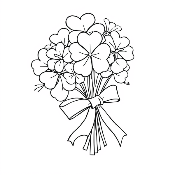 Black and white coloring page of shamrock bouquet with ribbon and bow