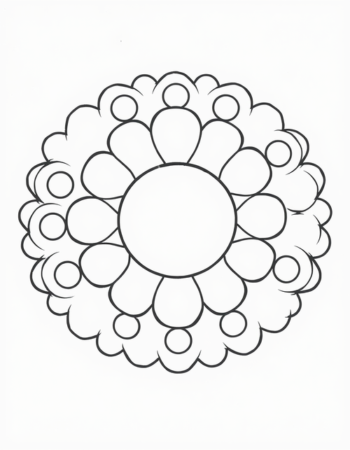 Coloring page of a simple rangoli circle with eight wide rounded petals and a ring of large plain dots