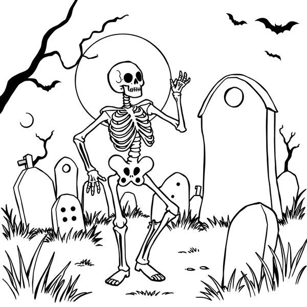 Black and white coloring page of skeleton dancing in a moonlit graveyard