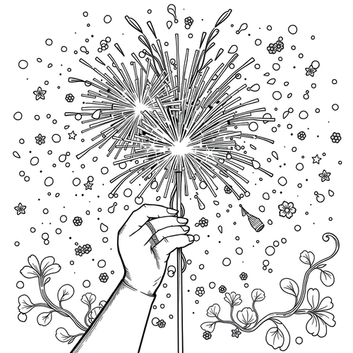 Black and white coloring page of sparklers held up in celebration New Years