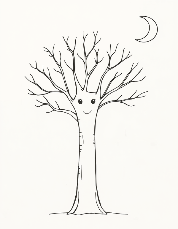 Spooky Dead Tree with a Face black and white line art