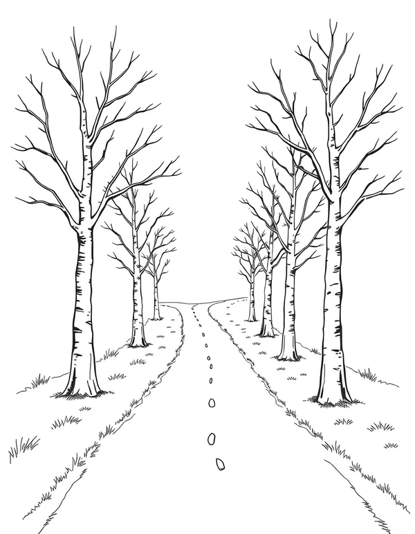Spooky Forest Path black and white line art