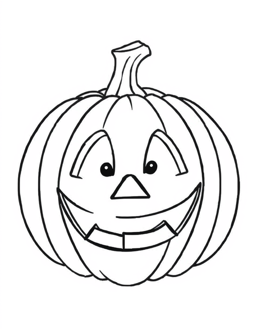 Coloring page of a spooky jack-o-lantern with slanted angry carved eyes and a wide toothy grin
