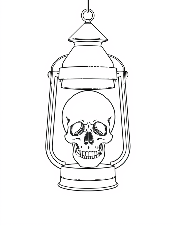 Spooky Lantern with a Skull black and white line art