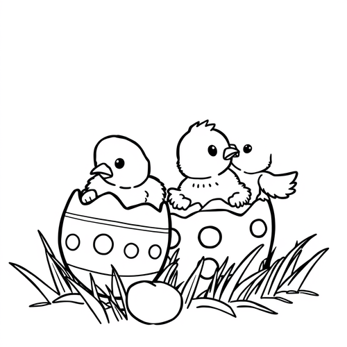 Black and white coloring page of spring chicks hatching from Easter eggs