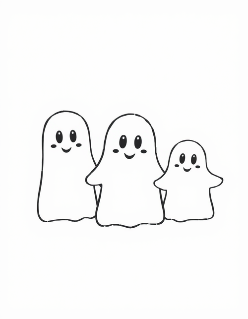 Three Little Ghosts Floating in a Row black and white line art