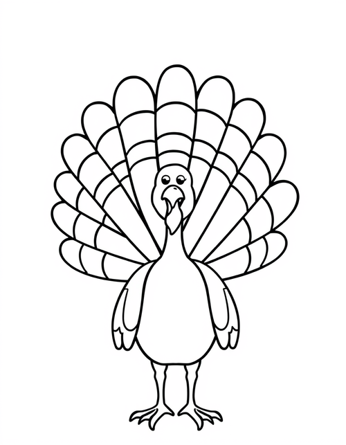 Turkey With Patterned Tail Feathers black and white line art