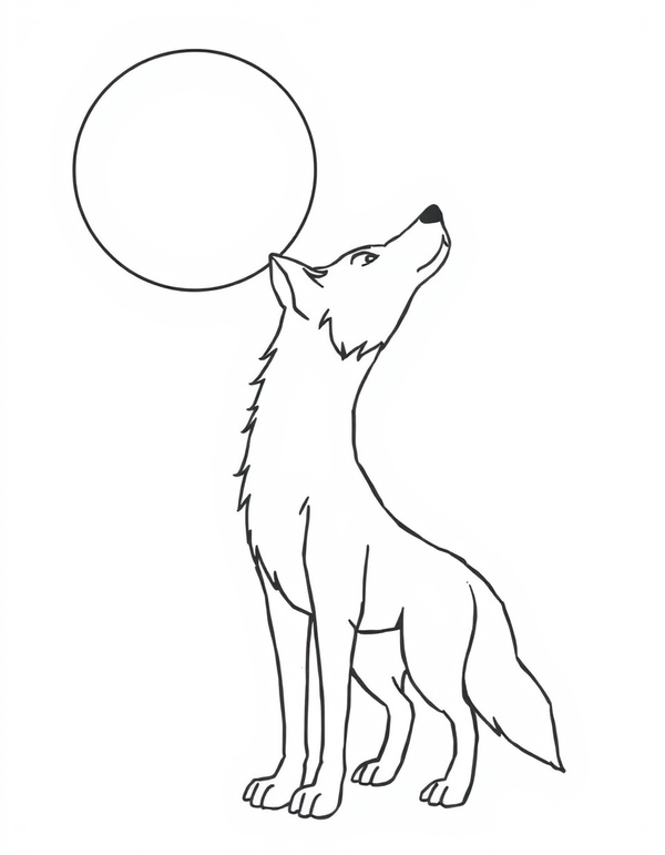 Howling wolf under a full moon black and white line art