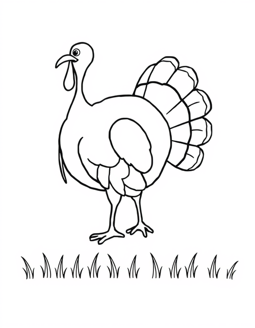 Wild Turkey Strutting in a Meadow black and white line art
