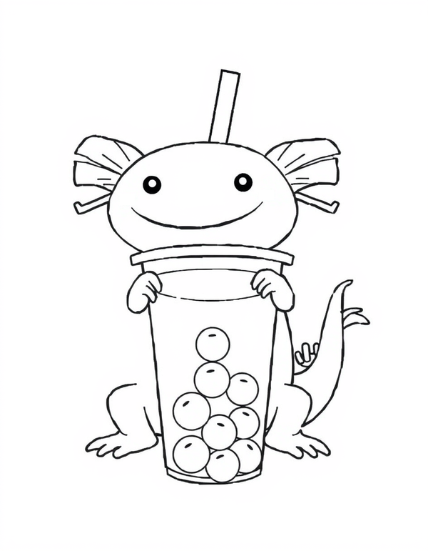 Axolotl Drinking Boba black and white line art