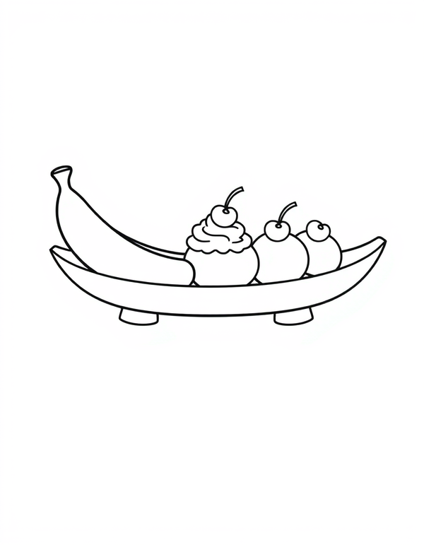 Black and white coloring page of a banana split with three scoops and toppings
