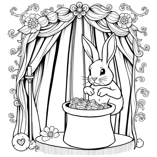 Black and white coloring page of birthday magic show with rabbit appearing from a hat