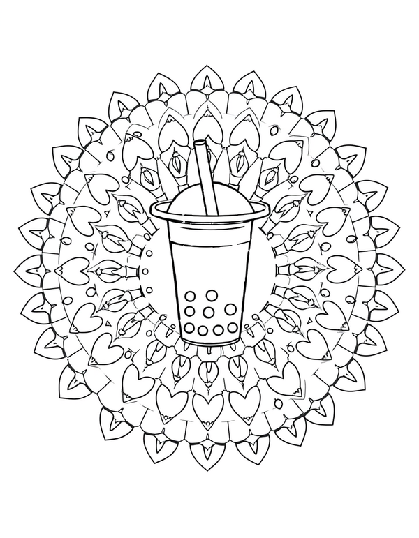 Boba Cup Mandala black and white line art