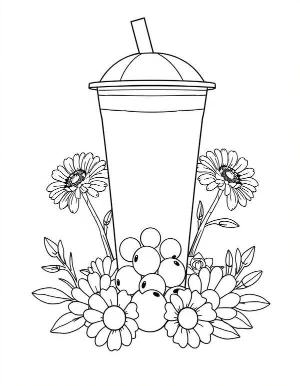 Boba Cup Surrounded by Flowers black and white line art