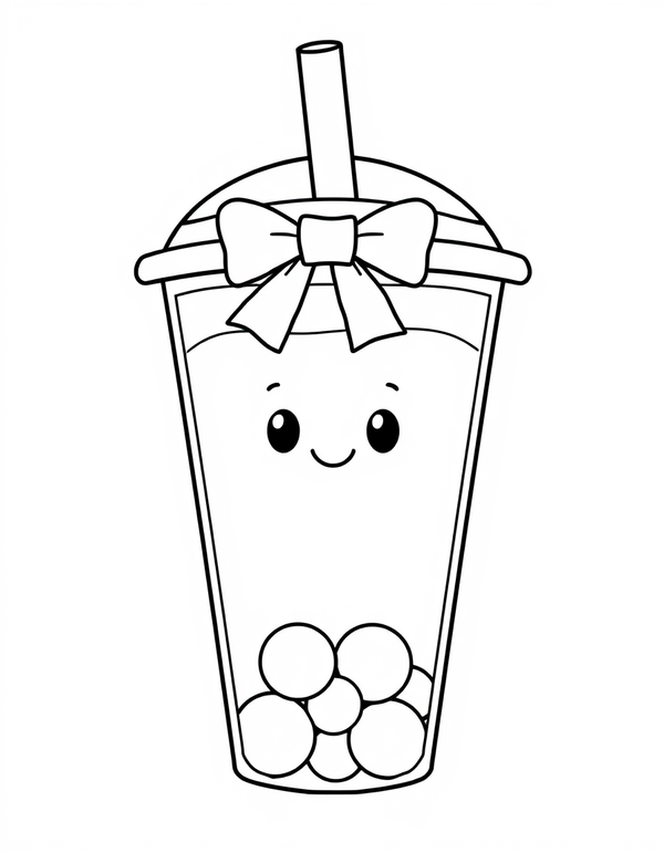 Boba Cup Wearing a Bow black and white line art