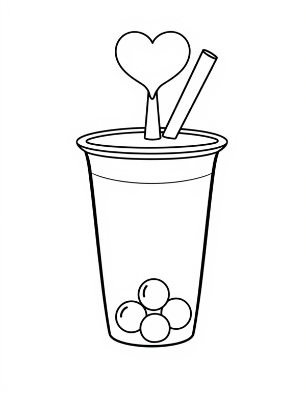 Boba Cup With a Heart Shaped Straw black and white line art