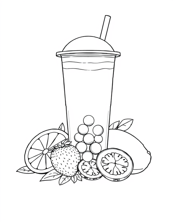 Boba Cup With Fruit Slices and Leaves black and white line art