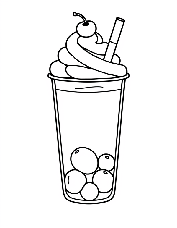 Boba Cup With Whipped Cream on Top black and white line art
