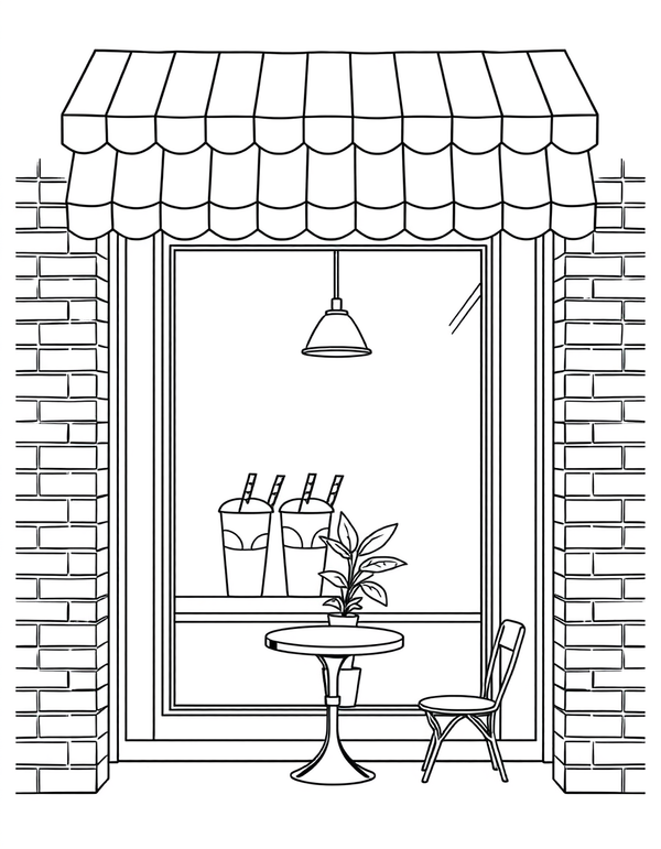 Boba Shop Window black and white line art