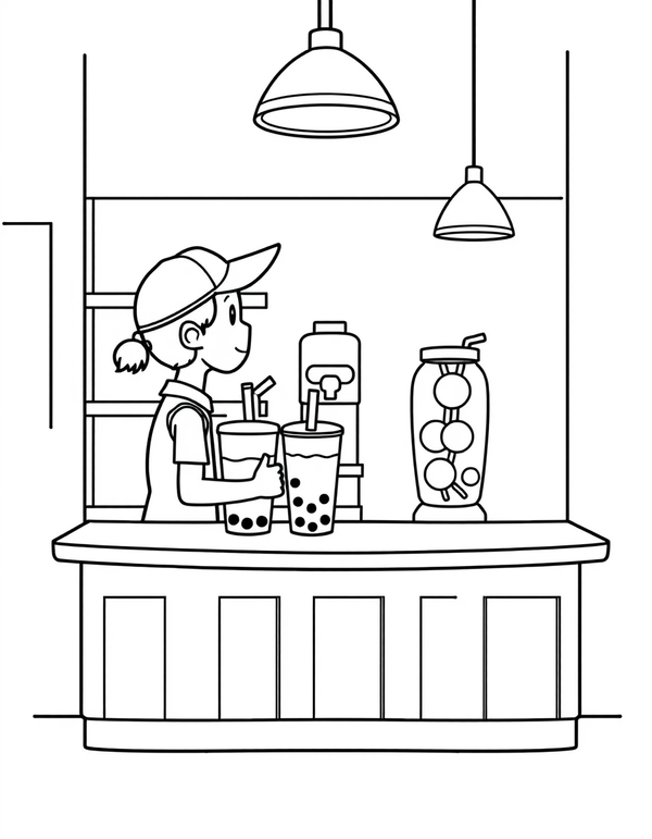 Boba Tea Shop Counter black and white line art