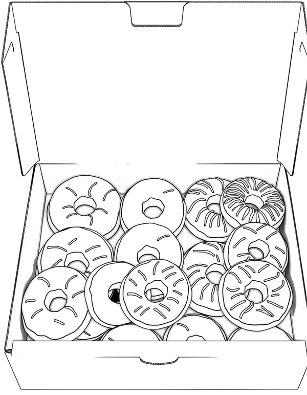 Coloring page of an open cardboard box packed with donuts of different shapes, the lid standing open behind it