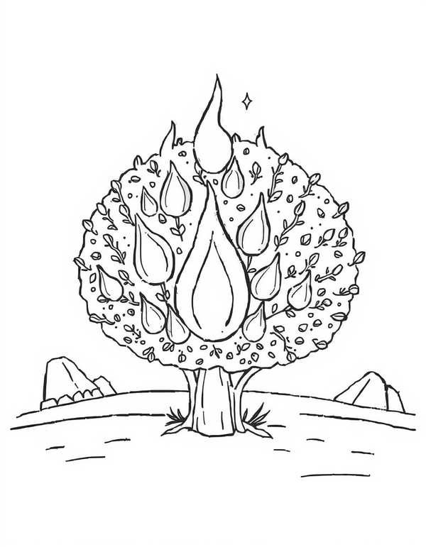 Coloring page of a desert bush with large flame shapes rising through its center and small rocky hills behind
