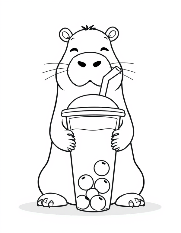Capybara Drinking Boba black and white line art