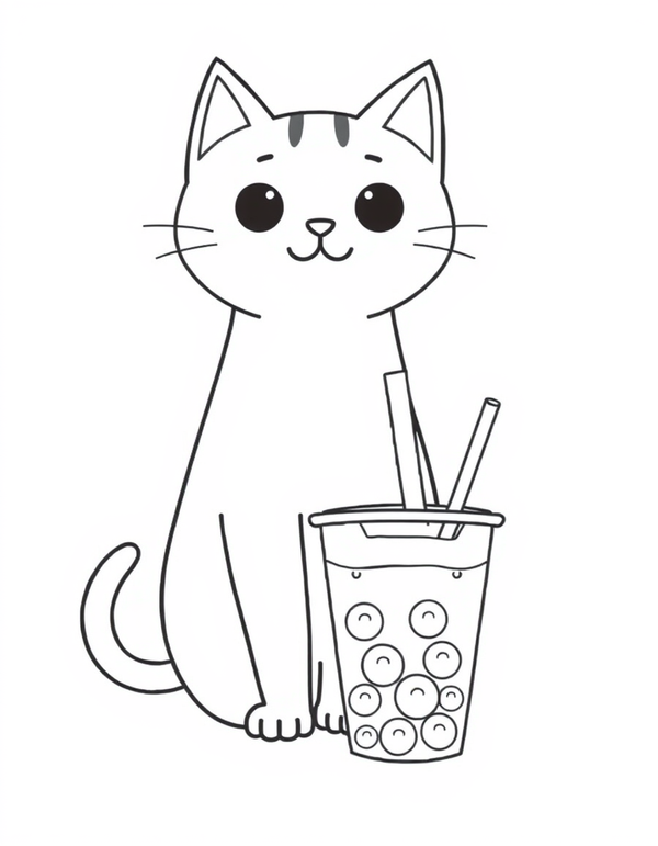 Cat Drinking Boba black and white line art