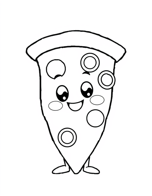 Coloring page of a cute cartoon pizza slice with a big smile, standing on two little legs in shoes