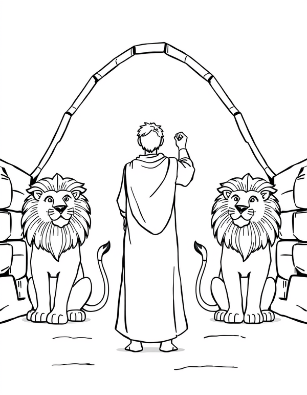 Coloring page of Daniel standing between two seated lions inside a stone den, both lions looking upward