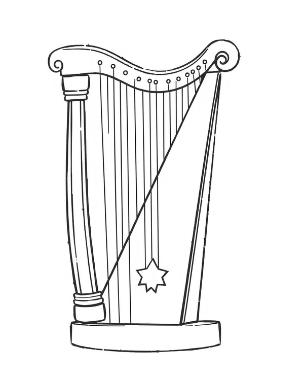 Coloring page of a large triangular harp with twelve strings, scrolled ends and a star on the soundboard