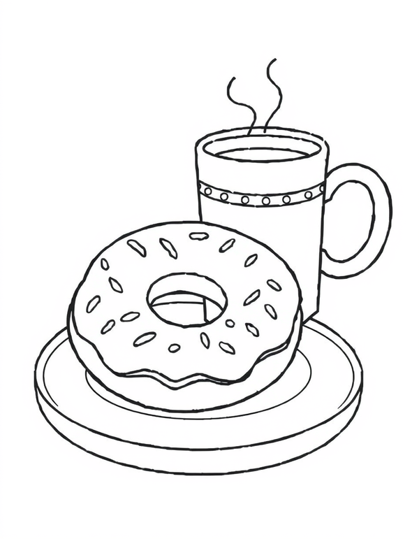 Coloring page of a sprinkled ring donut on a round plate beside a tall coffee mug with steam rising above it