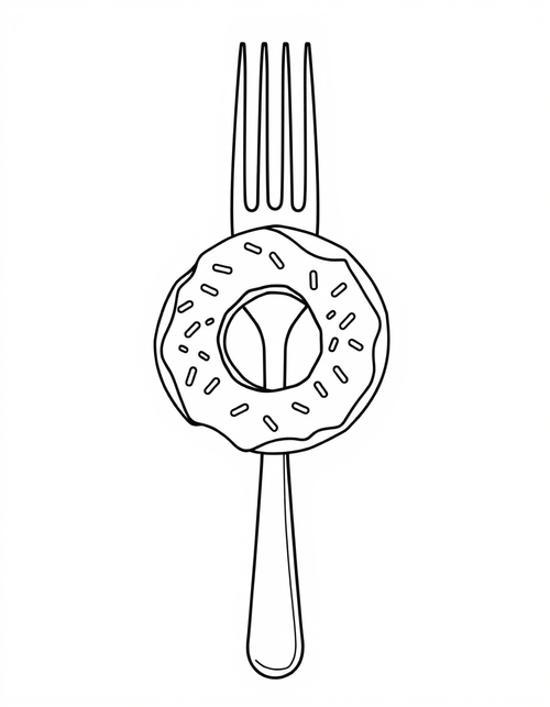 Coloring page of a ring donut threaded onto an upright fork, the prongs passing through the middle hole