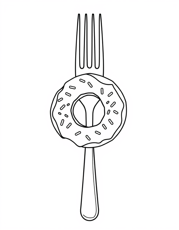 Coloring page of a ring donut threaded onto an upright fork, the prongs passing through the middle hole