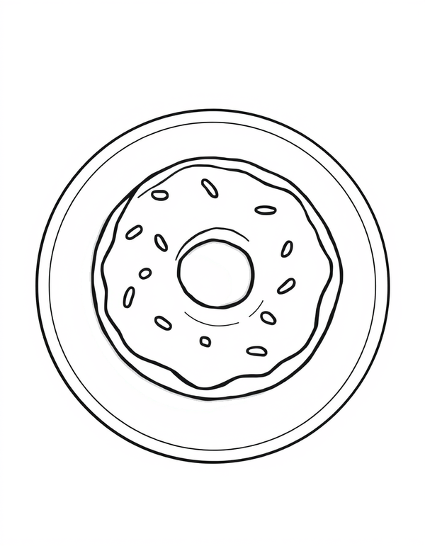 Coloring page of one ring donut lying flat on a round plate with a plain rim, seen from slightly above