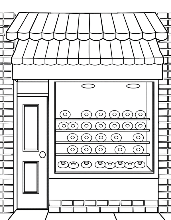 Coloring page of a donut shop front with a striped awning, three shelves of ring donuts behind the glass and a brick wall