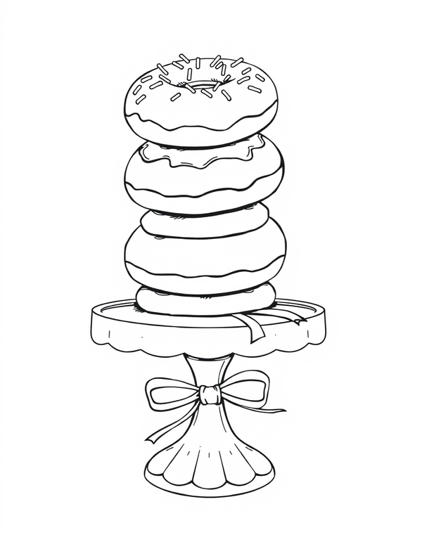 Coloring page of a tall tower of ring donuts on a fluted cake stand with a ribbon bow tied around the stem