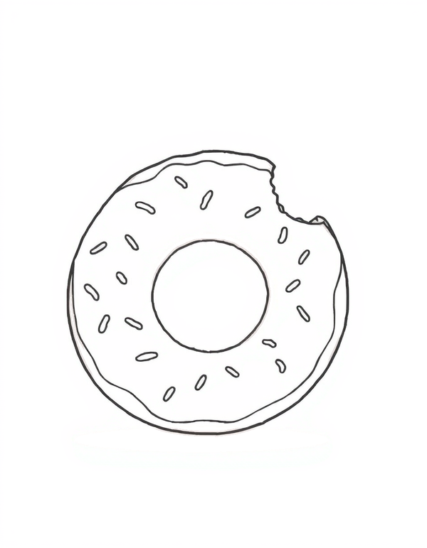 Coloring page of a big ring donut standing upright with a rounded bite missing from one side and scalloped bite marks