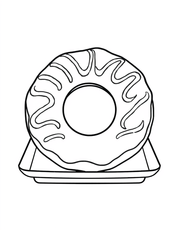 Coloring page of a ring donut on a square serving tray with wide wavy drizzle stripes running across the glaze