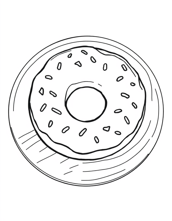 Coloring page of one ring donut on a round wooden serving board with a wavy glaze edge and sprinkles scattered on top