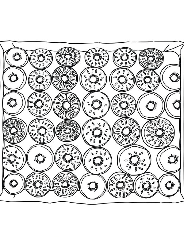 Coloring page of a long bakery tray filled end to end with rows of donuts in different styles on a crinkled paper liner